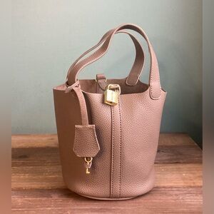 Faux Leather Picotin Style Lock and Key Bucket Bag